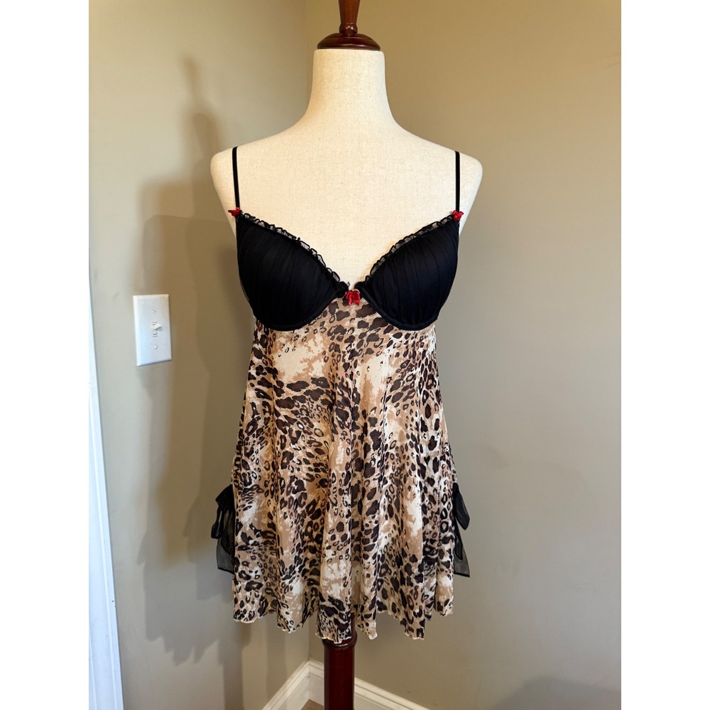 Cabernet Leopard Print Babydoll Chemise Bra Lingerie Slip Mini Dress M